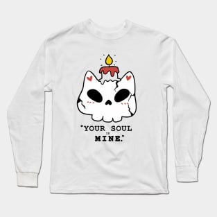 cute skull cat with candle black and white doodle Halloween your soul is mine Long Sleeve T-Shirt